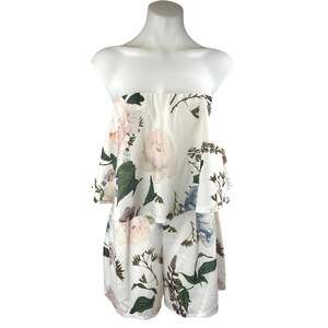 Charlotte Russe White Floral Strapless Sleeveless Tube Jumpsuit Romper Shorts S